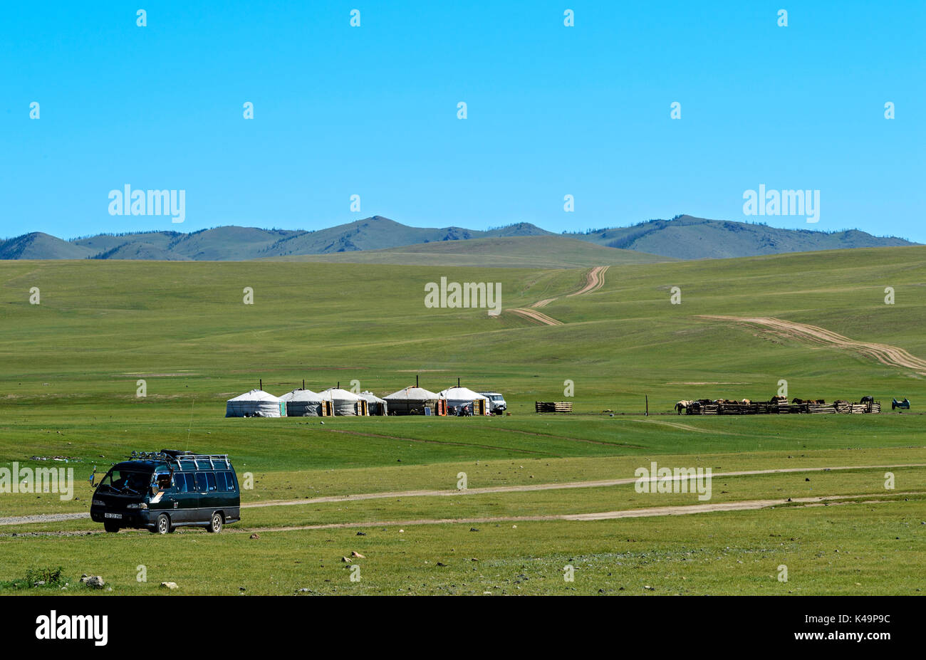 Ger Yurt Camp Dwelling In Orkhon Valley, Khangai Nuruu National Park, Oevoerkhangai Aimag, Mongolia Stock Photo