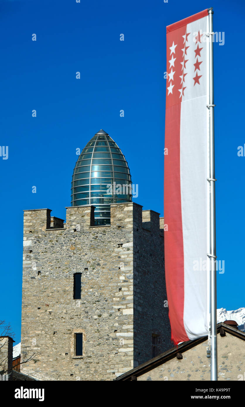 Bishop S Castle With Glass Dome By Mario Botta And The Flag Of The Canton Of Valais, Leuk, Valais, Switzerland Stock Photo