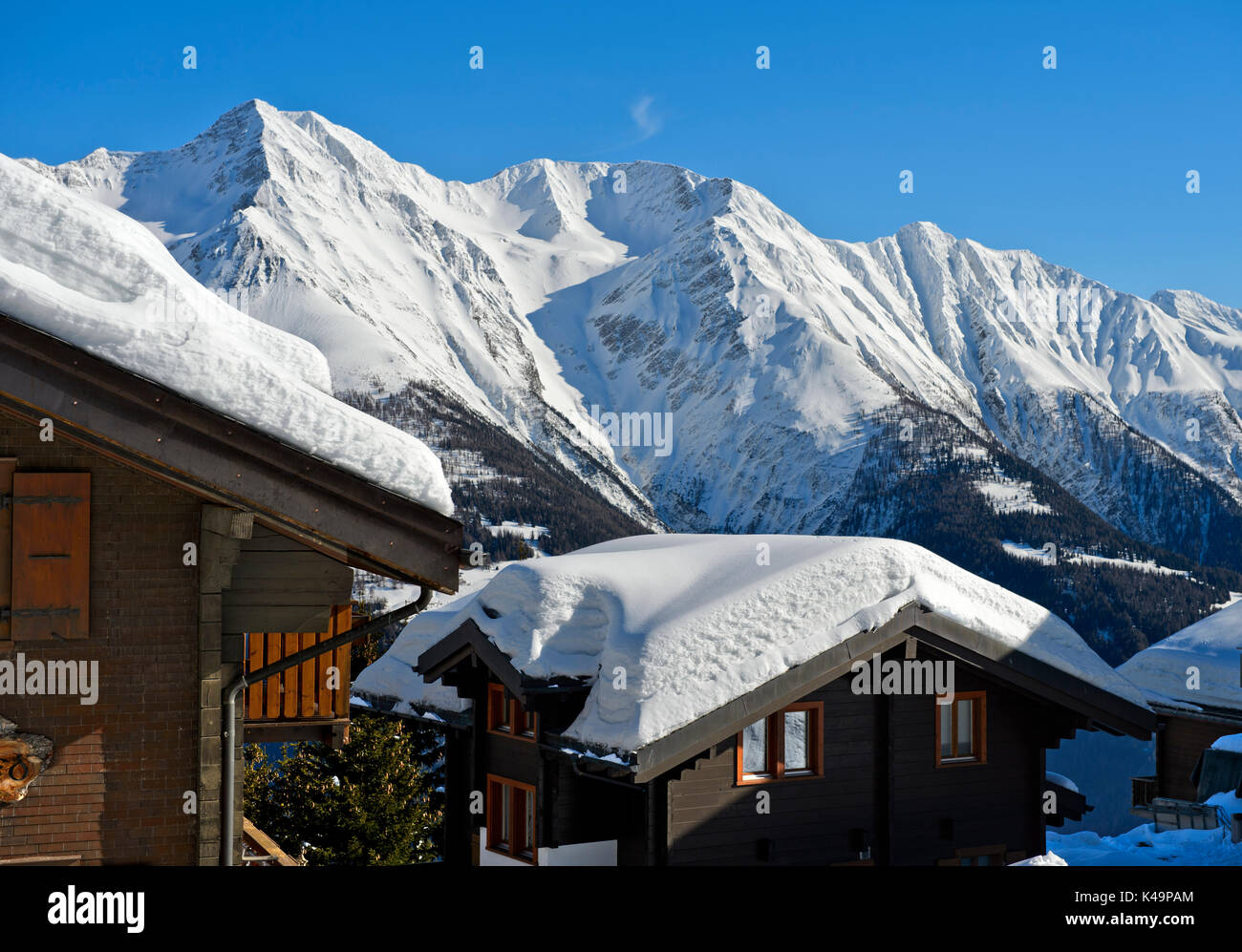 Winter In A Mountain Village In The Swiss Alps, Bettmeralp, Valais, Switzerland Stock Photo