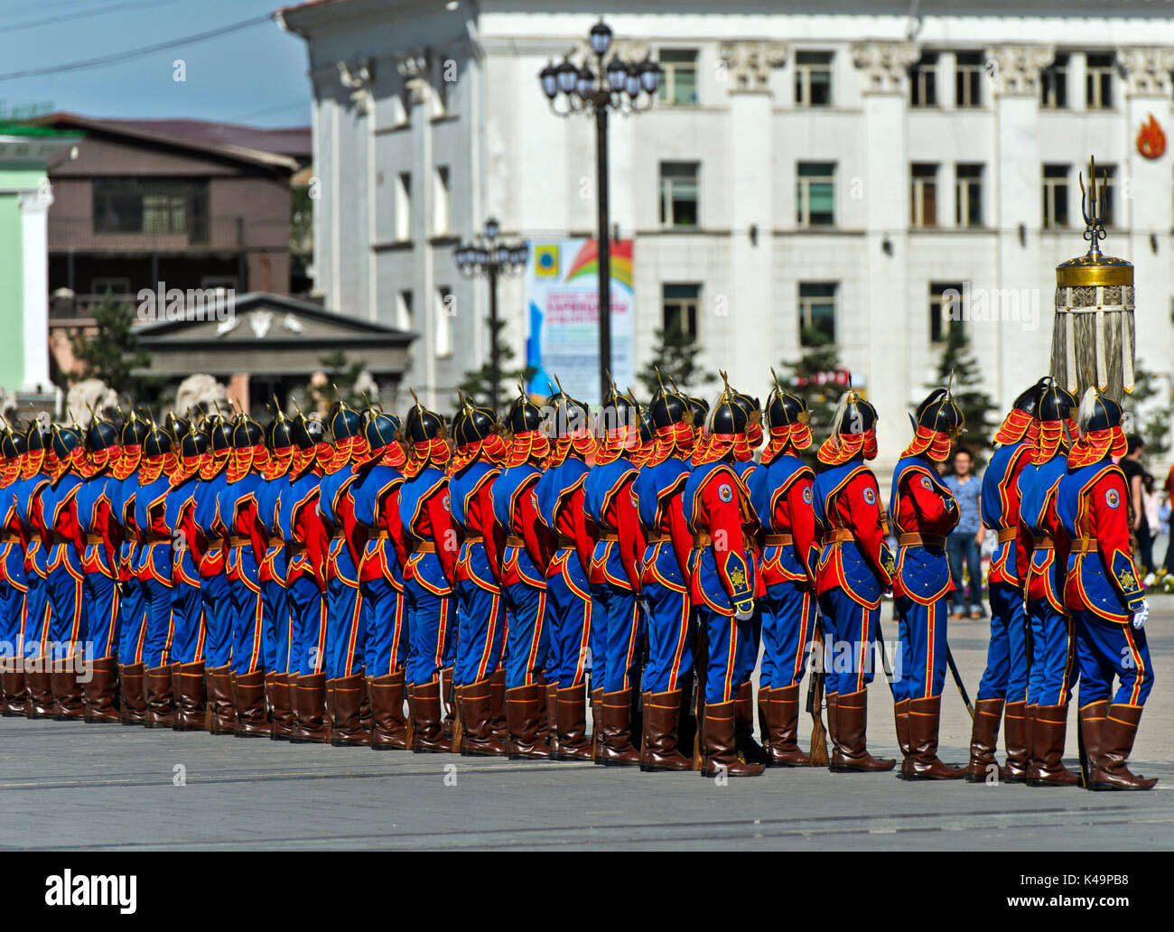 Mongolian Armed Forces Honorary Guard In Traditional Uniform On The Sukhbaatar Square, Ulaanbaatar, Mongolia Stock Photo