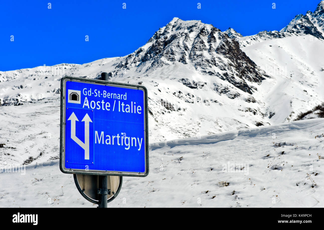 Traffic Sign At The Entrance To The Great St Bernard Tunnel, Bourg, Saint, Pierre, Valais, Switzerlan Stock Photo