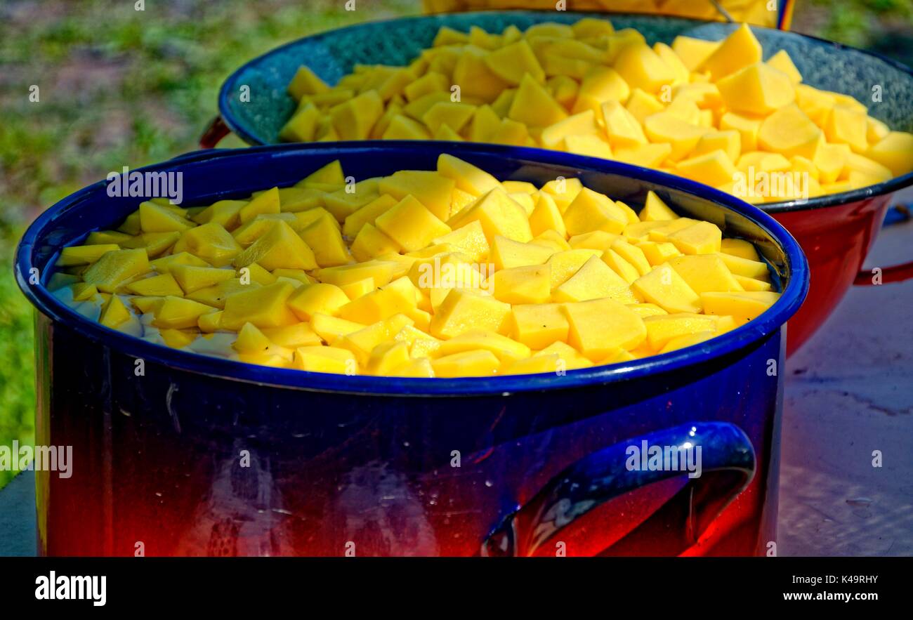 Diced Potatoes In Saucepan With Water Stock Photo