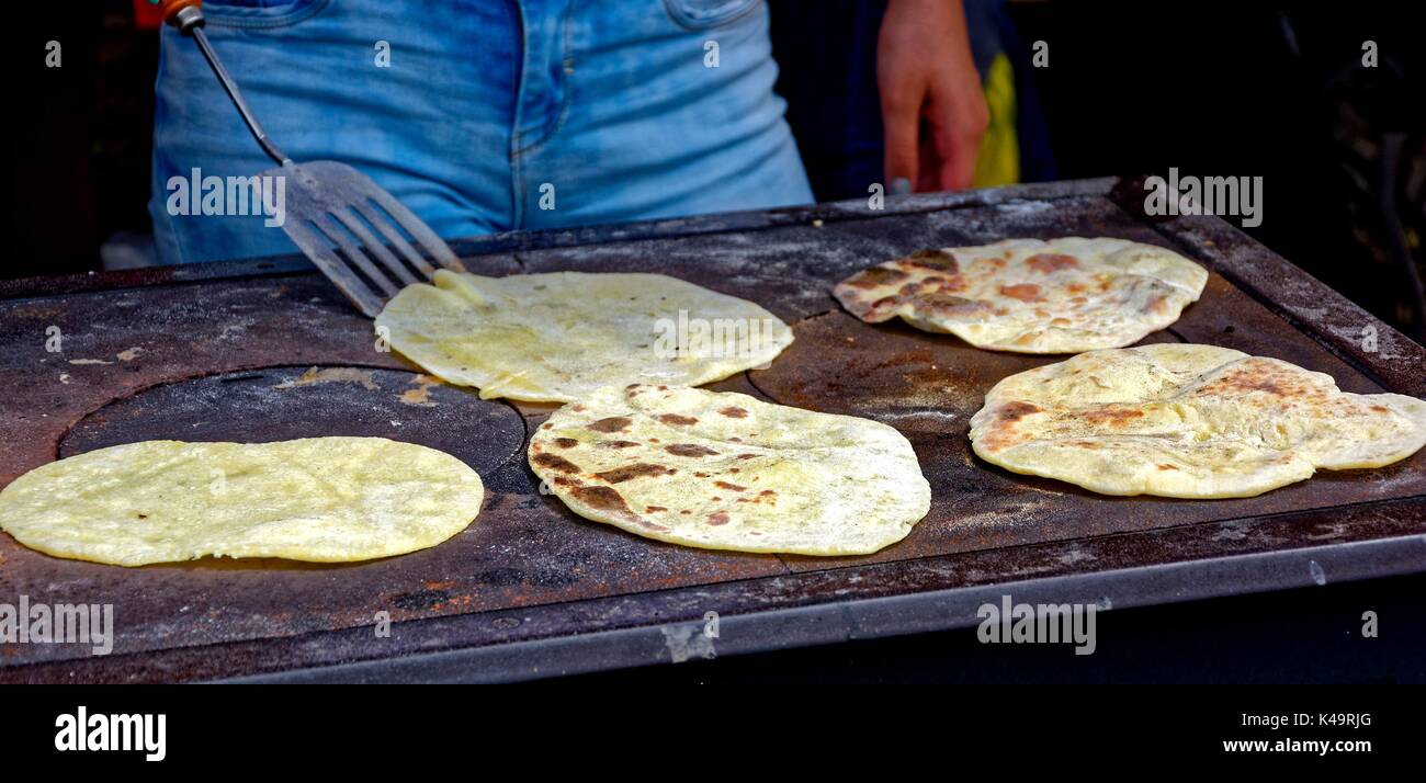 Five Potato Langos Fry On Griddle Stock Photo Alamy