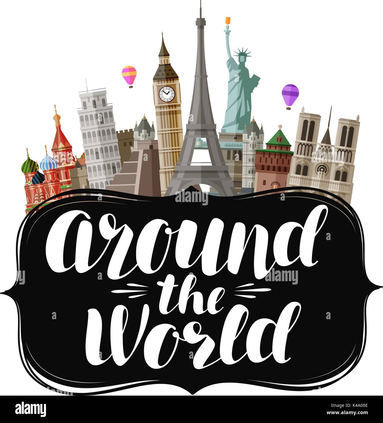 Travel, journey concept. Around the world, lettering. Vector illustration Stock Vector