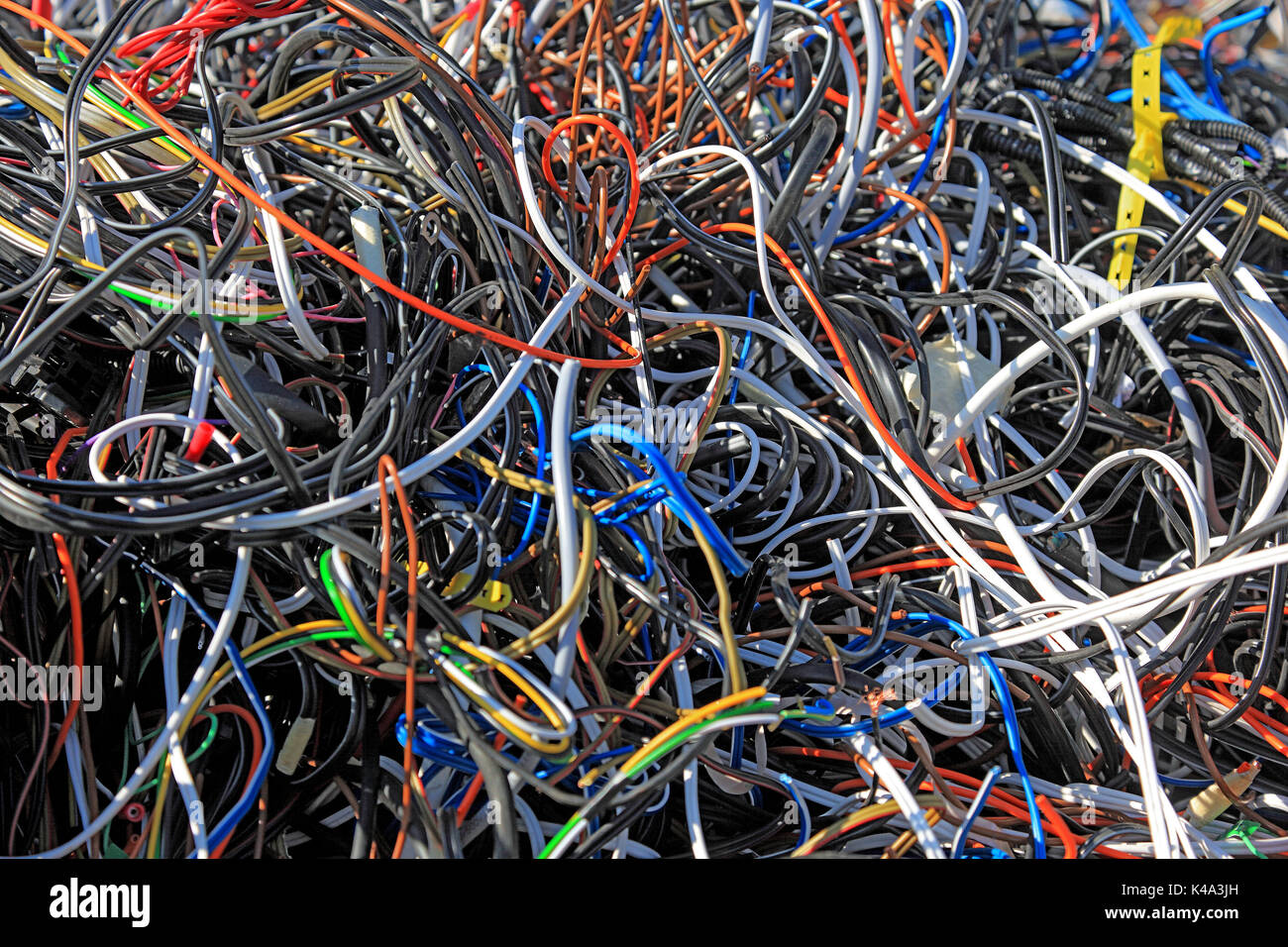 Scrap yard, metal rubbish, copper cables, cable leftovers, stocks in a