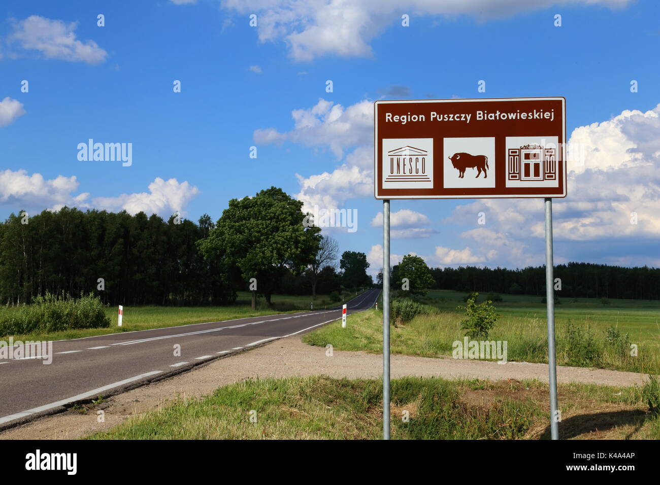 Bialowieza National Park, National Park, Bialowieza, Sign, brown, road, UNESCO, World Heritage Stock Photo