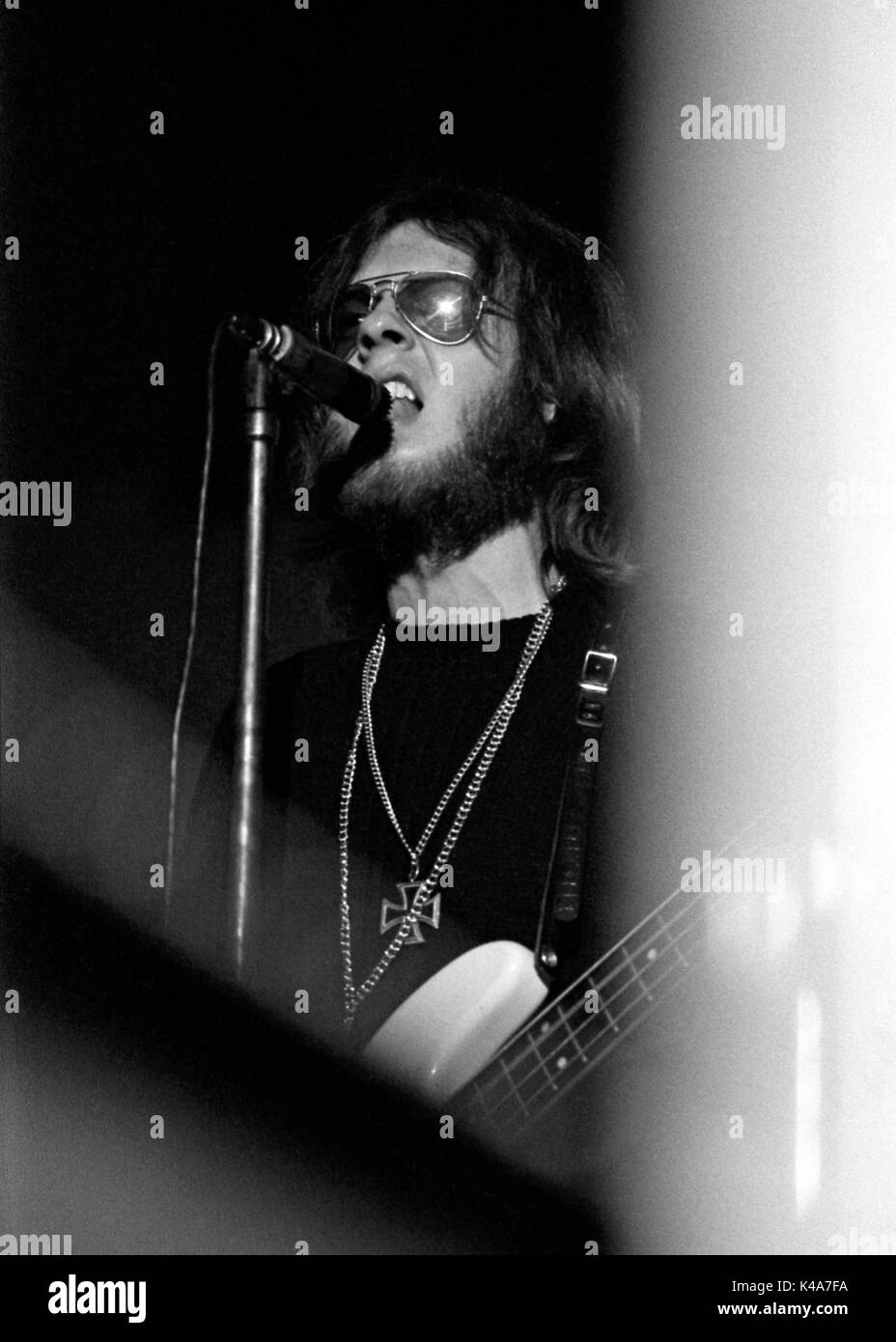 Bass guitarist Trevor Burton performs with the pop group The Move in the Anson Rooms at Bristol University’s Students Union on 1 February 1969.  Shortly afterwards he left Roy Wood, Carl Wayne and the others to pursue a blues career. Stock Photo