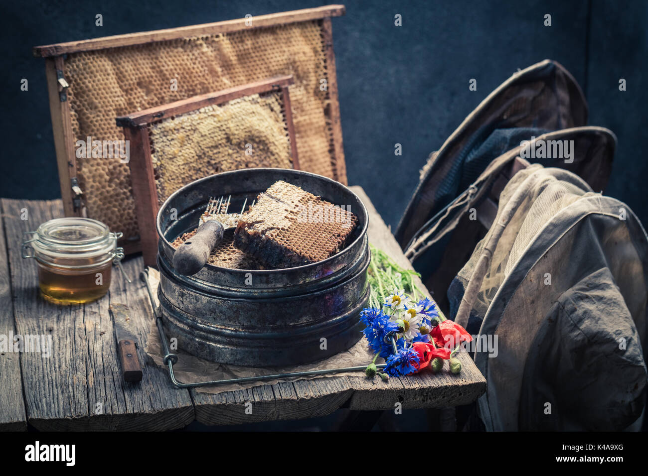 Vintage tools for beekeeping with honeycombs, hats and honey Stock ...