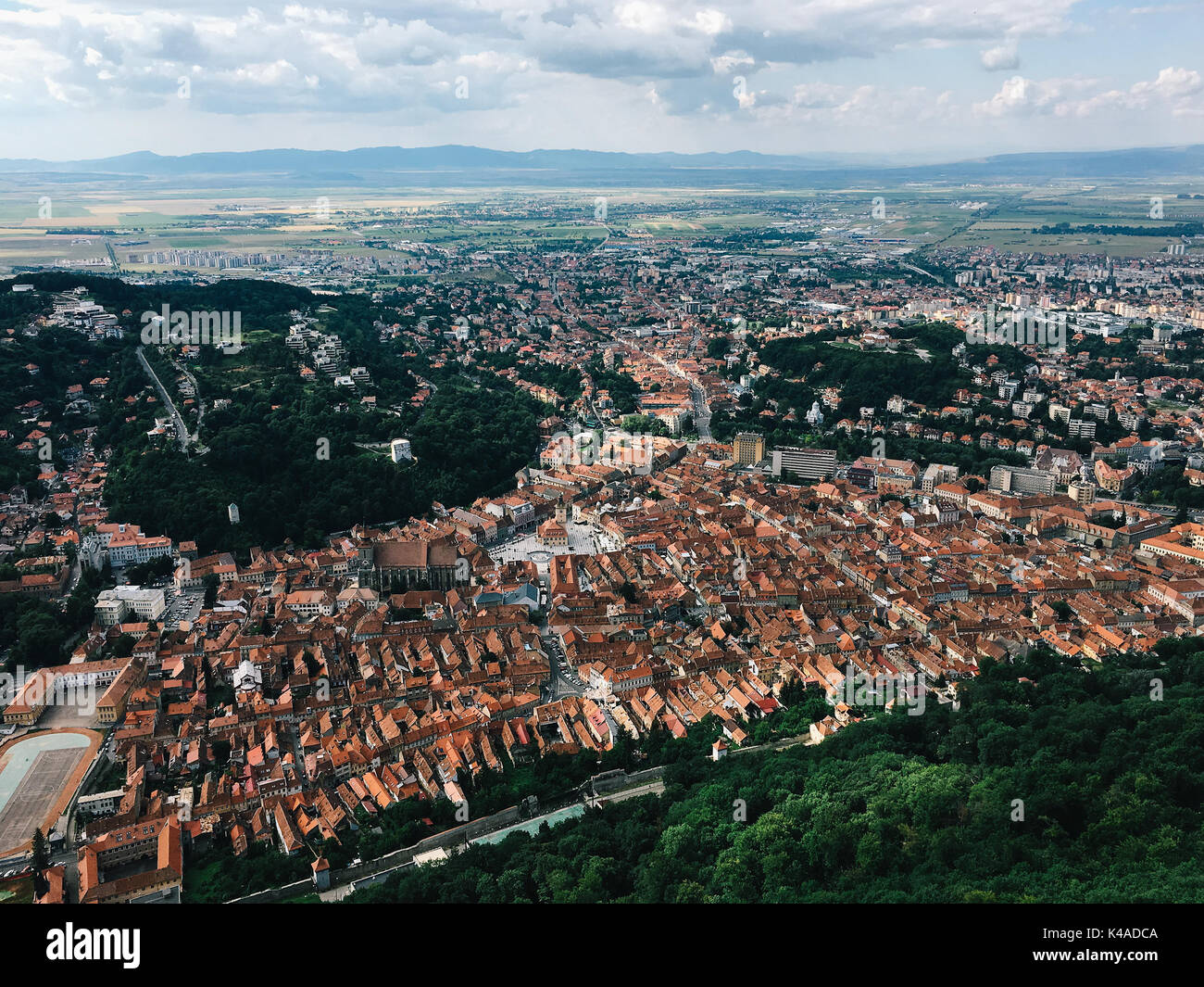 Aerial Drone View Of Brasov City In Romania Stock Photo