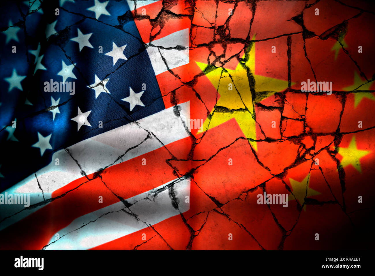 Flags Of The Usa And China On Cracked Ground, Trade War Stock Photo