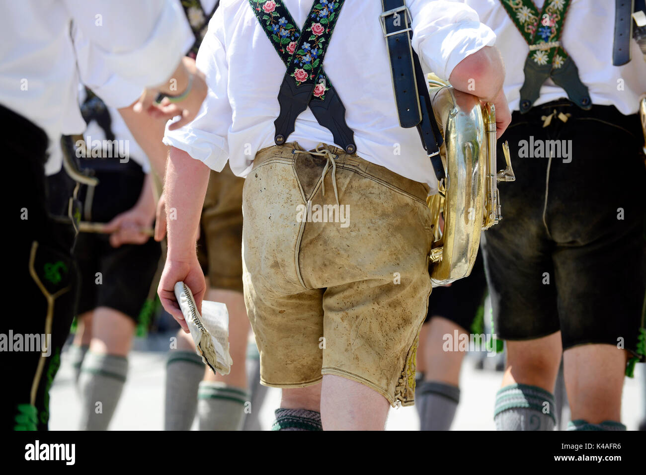 Musicians in leather trousers and Tuba, traditional costume parade, Gaufest Loisachgau, Egling, Upper Bavaria, Bavaria, Germany Stock Photo