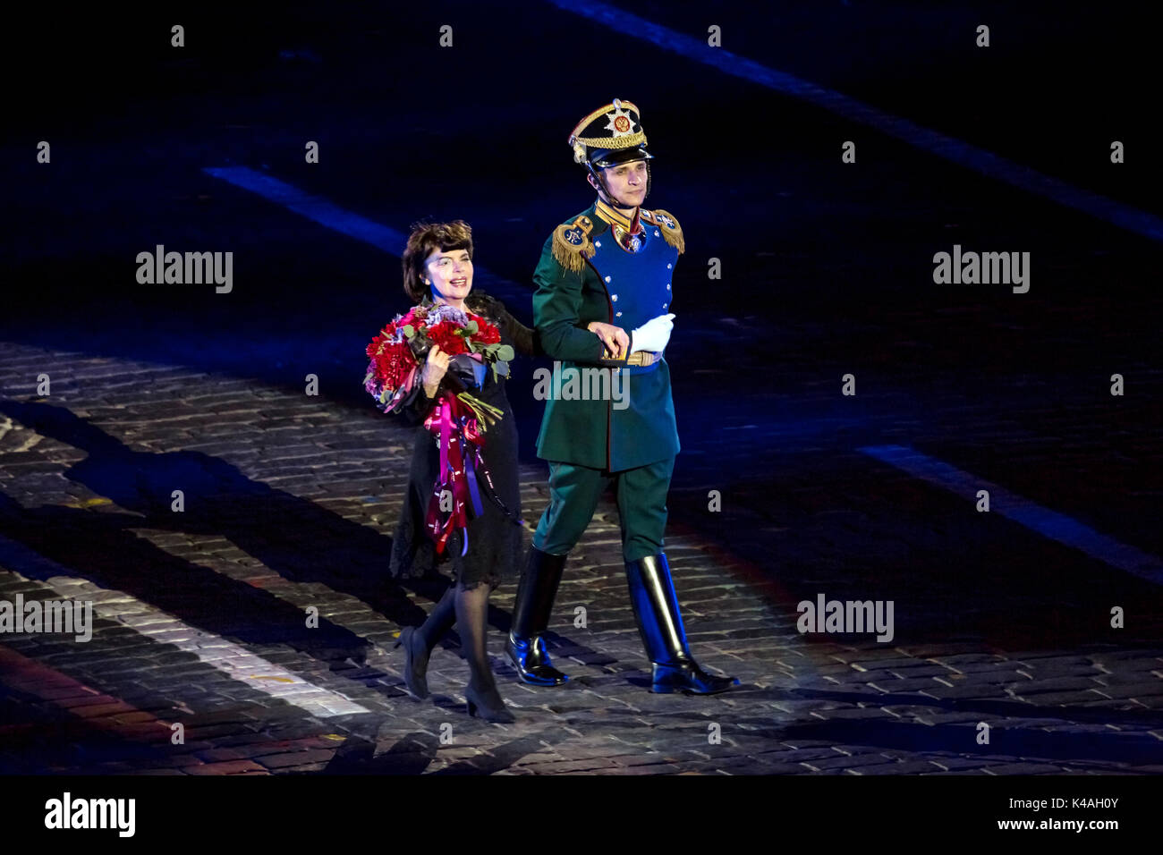 Moscow, Russia - August, 2017: Performance of french singer Mireille Mathieu on International Military Tattoo Music Festival 'Spasskaya Tower' in Mosc Stock Photo
