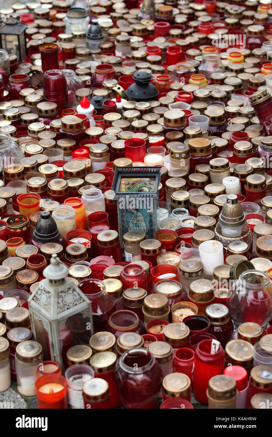 Many memorial candles in remembrance of terror victims, December 2016, Breitscheidplatz, Berlin, Germany Stock Photo