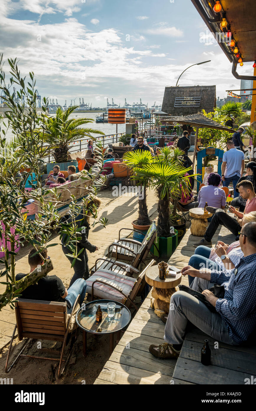 Beach Club Strand Pauli, at the jetties in the Port of Hamburg, Hamburg, Germany Stock Photo