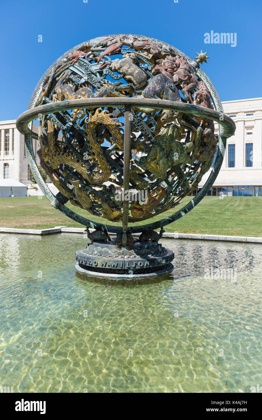 Wilson Globus or Celestial Globe, Ariana Park, at back Palace of Nations, United Nations Office in Geneva, UNOG, Geneva Stock Photo