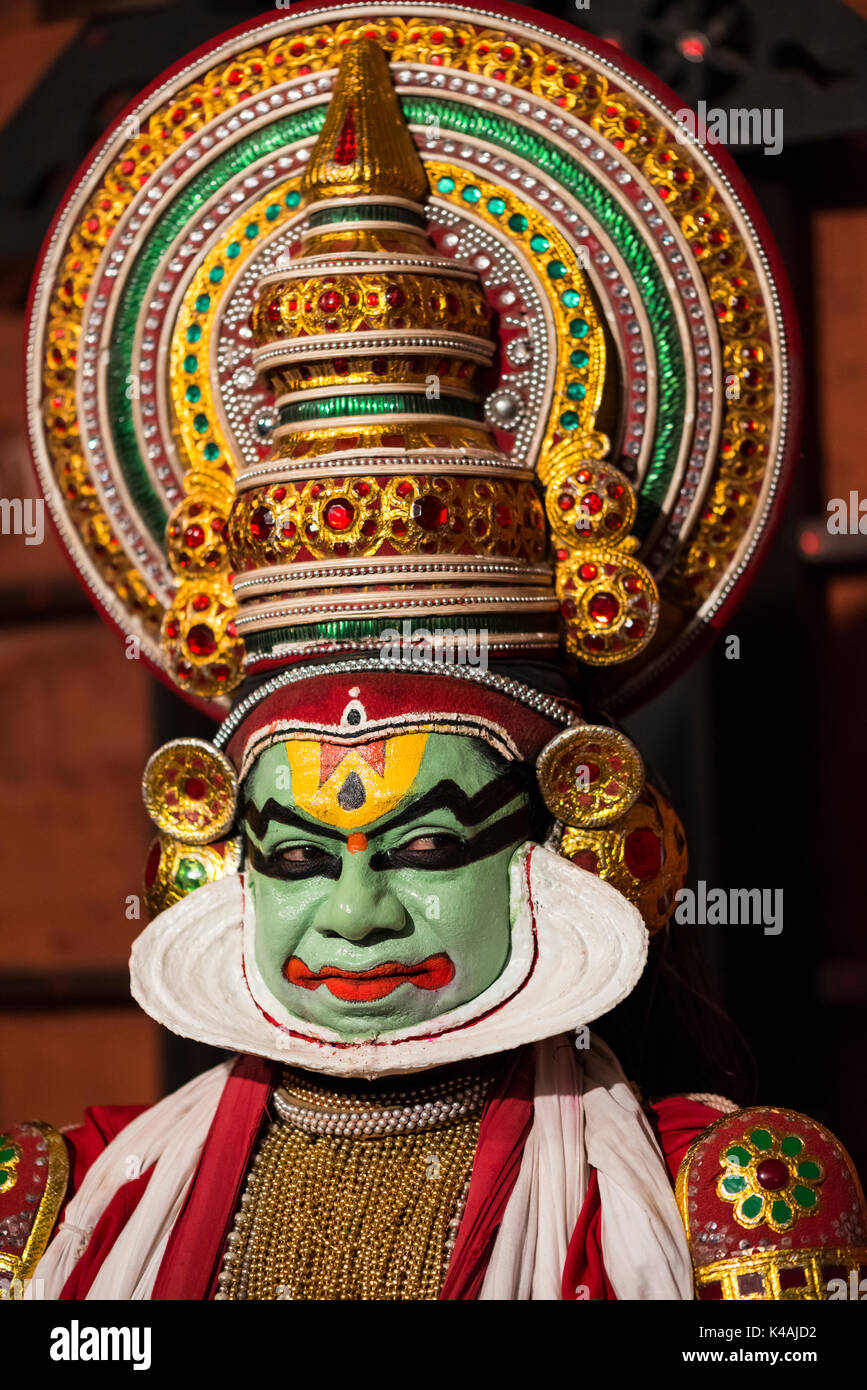 Portrait, Kathakali Dance, Pacha or Pachcha Character, Cochin, Kerala, India Stock Photo