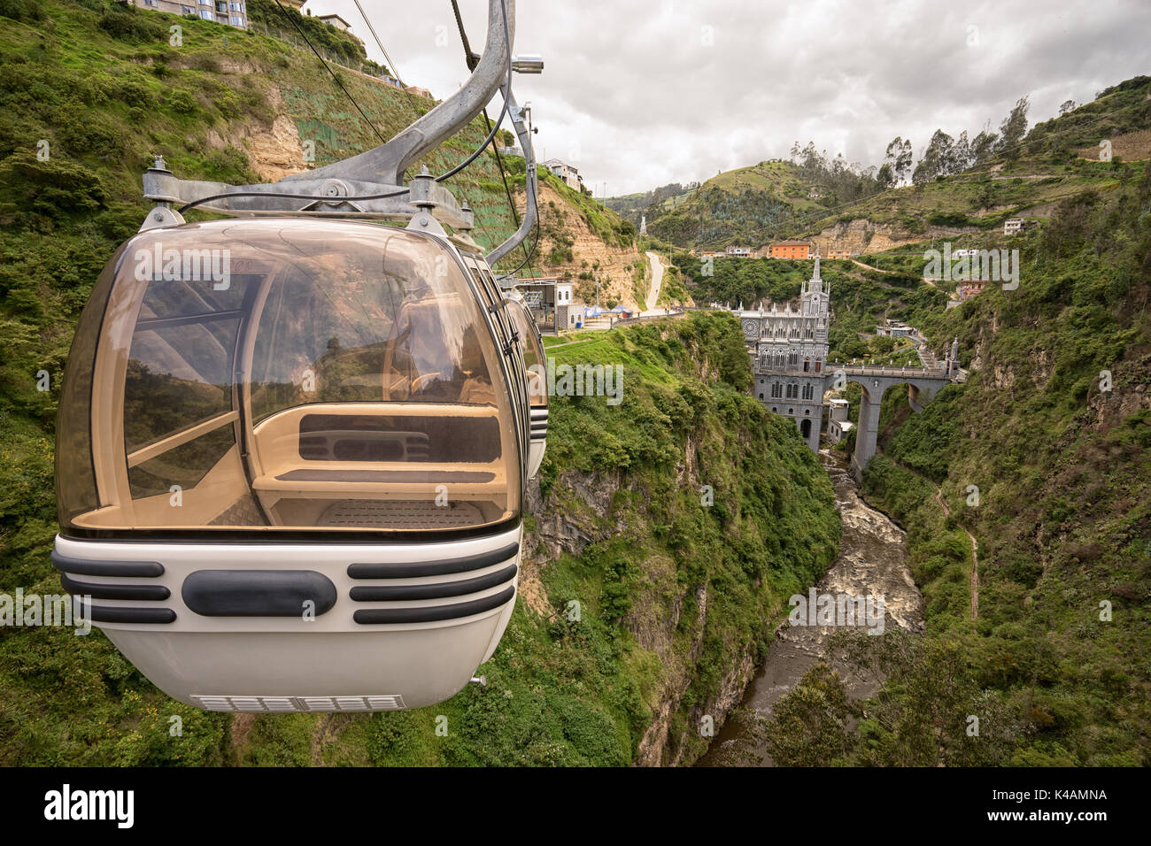 February 23, 2017 Las Lajas, Colombia: the cablecar ride to the famous cathedral built over a canyon is very popular with the tourists Stock Photo