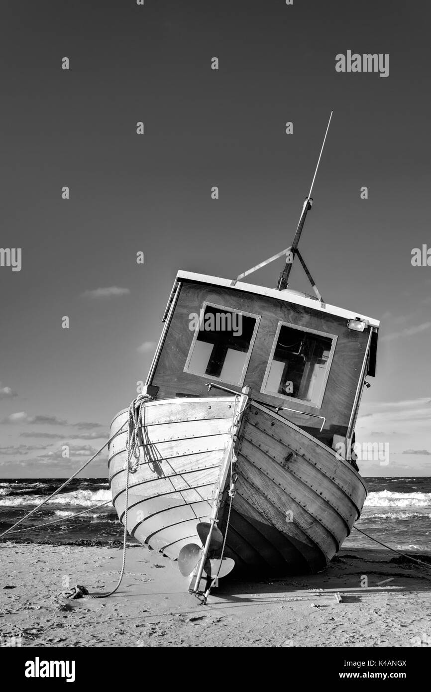 Fishing Boat At The Baltic Sea Beach Of Usedom Island, Germany Stock Photo