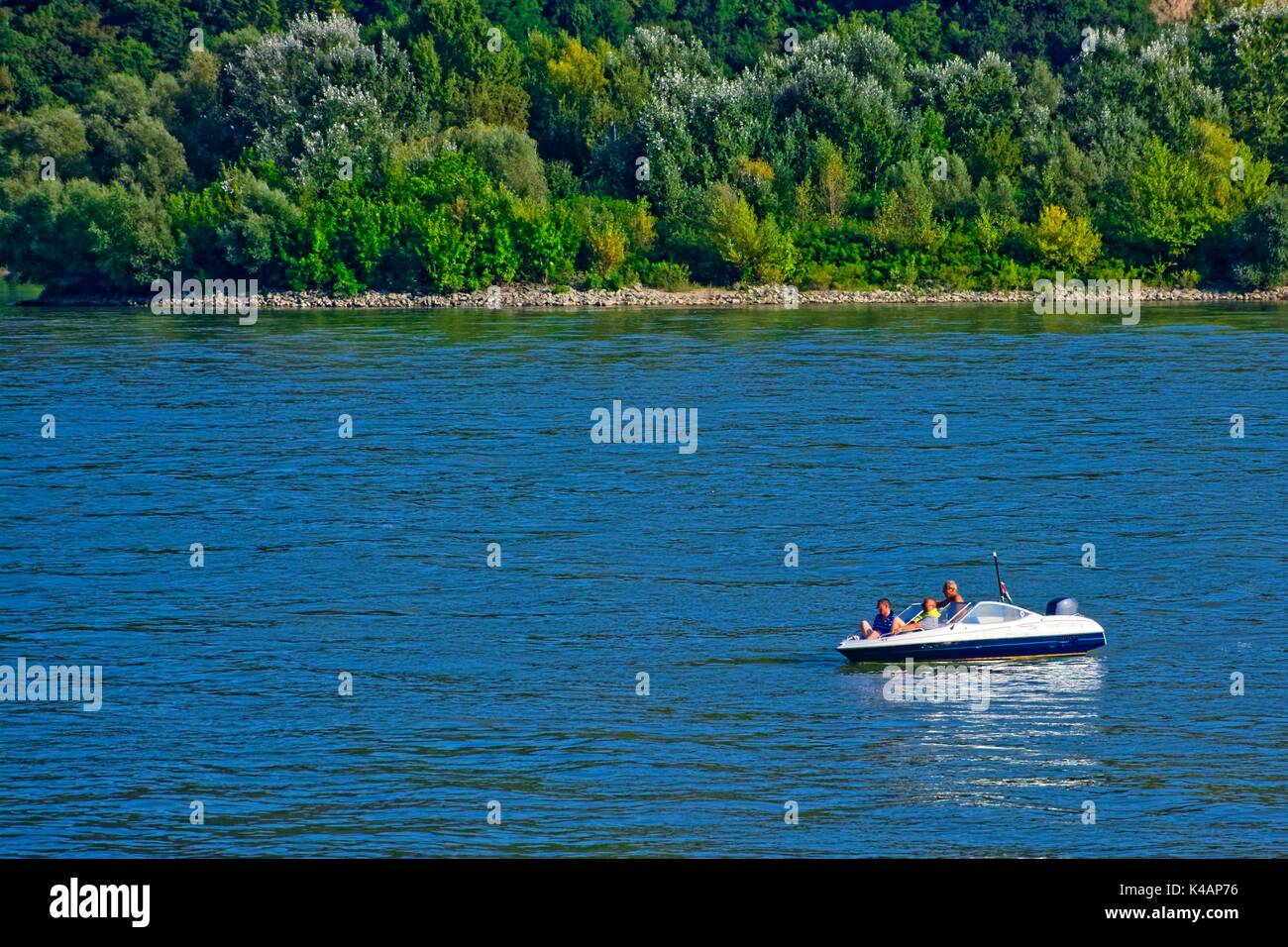 Small Motor Boat On The Danube, Danube Knee Stock Photo