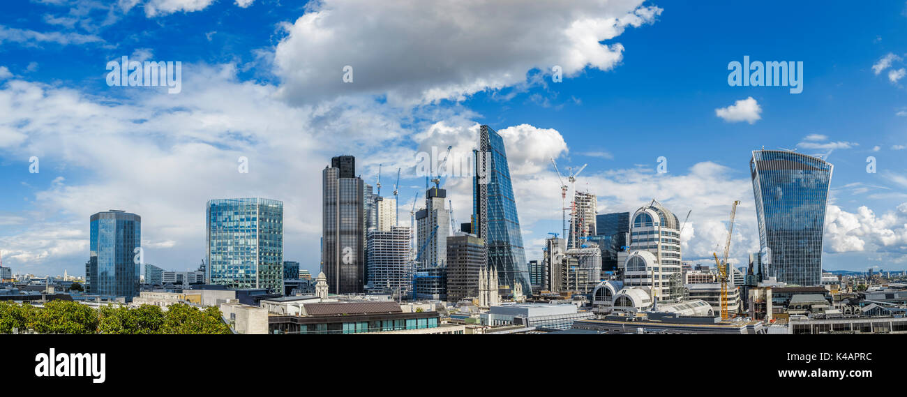 Panoramic view of the City of London EC3 including the Walkie Talkie, Cheesegrater, Tower 42 and Stock Exchange Tower skyscrapers and new construction Stock Photo
