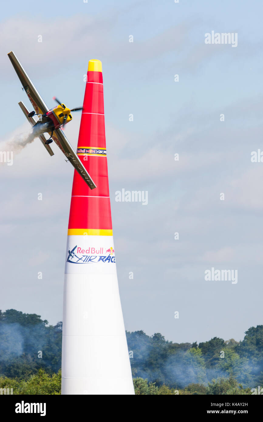 Ascot, Berkshire, UK. High-octane action over Ascot race course on day one of the Red Bull Air Race. Stock Photo