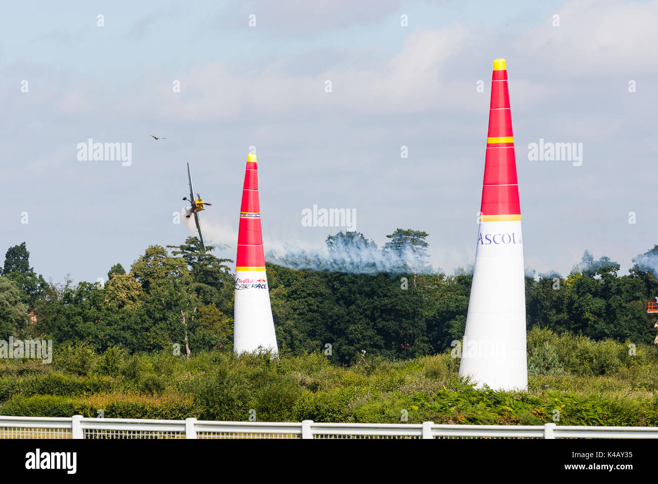 Ascot, Berkshire, UK. High-octane action over Ascot race course on day one of the Red Bull Air Race. Stock Photo