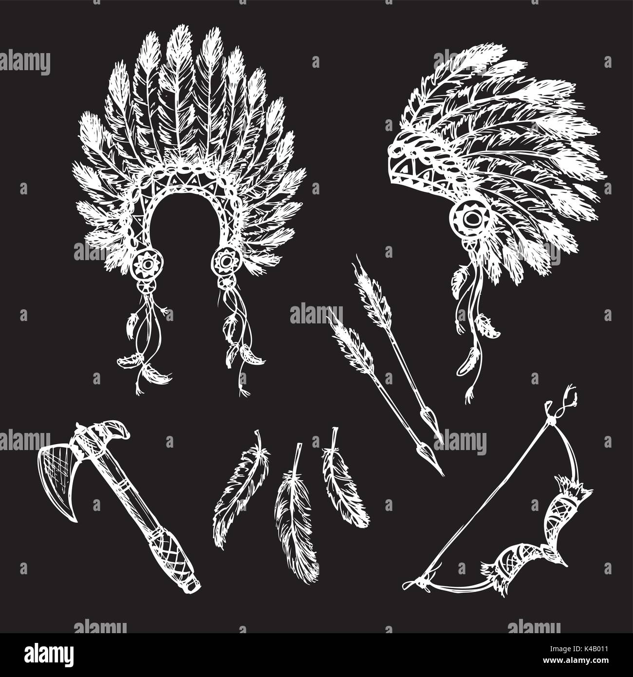 Collection of vintage hand drawn design elements: peace pipe, Indian hat, dream catcher, ax, feathers. White on black. Vector illustration Stock Vector