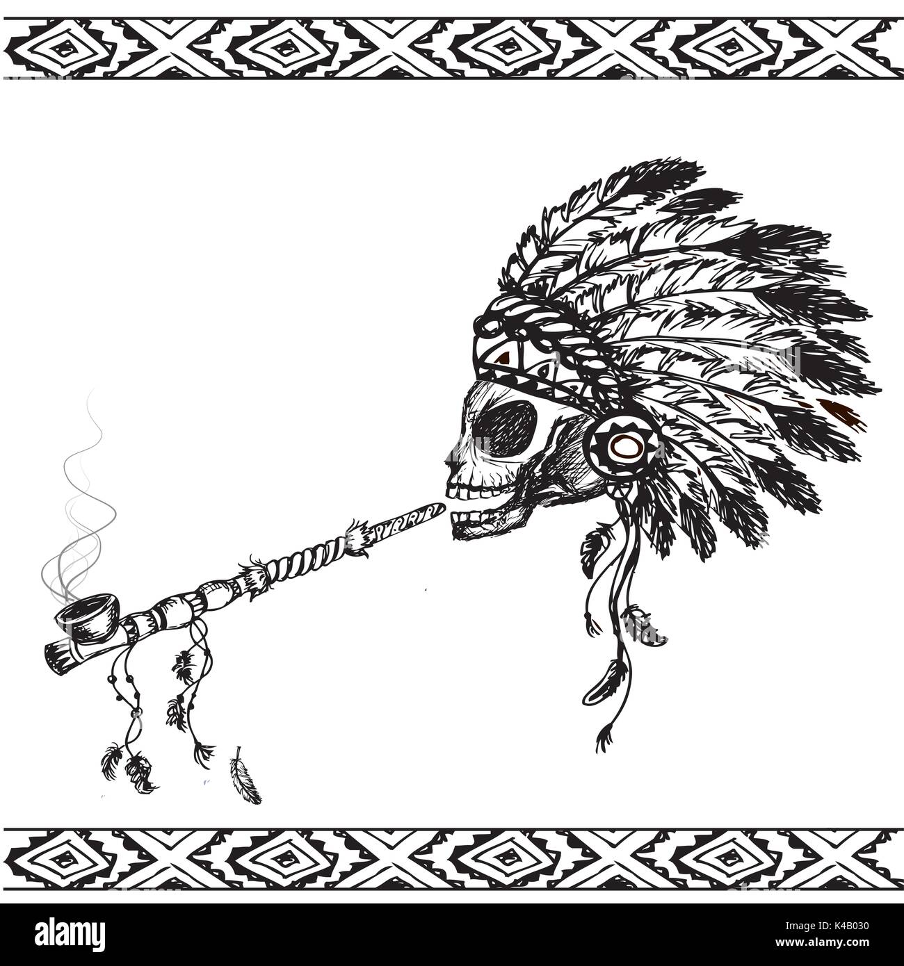 North American Indian skull with peace pipe, hand drawn vector Stock Vector