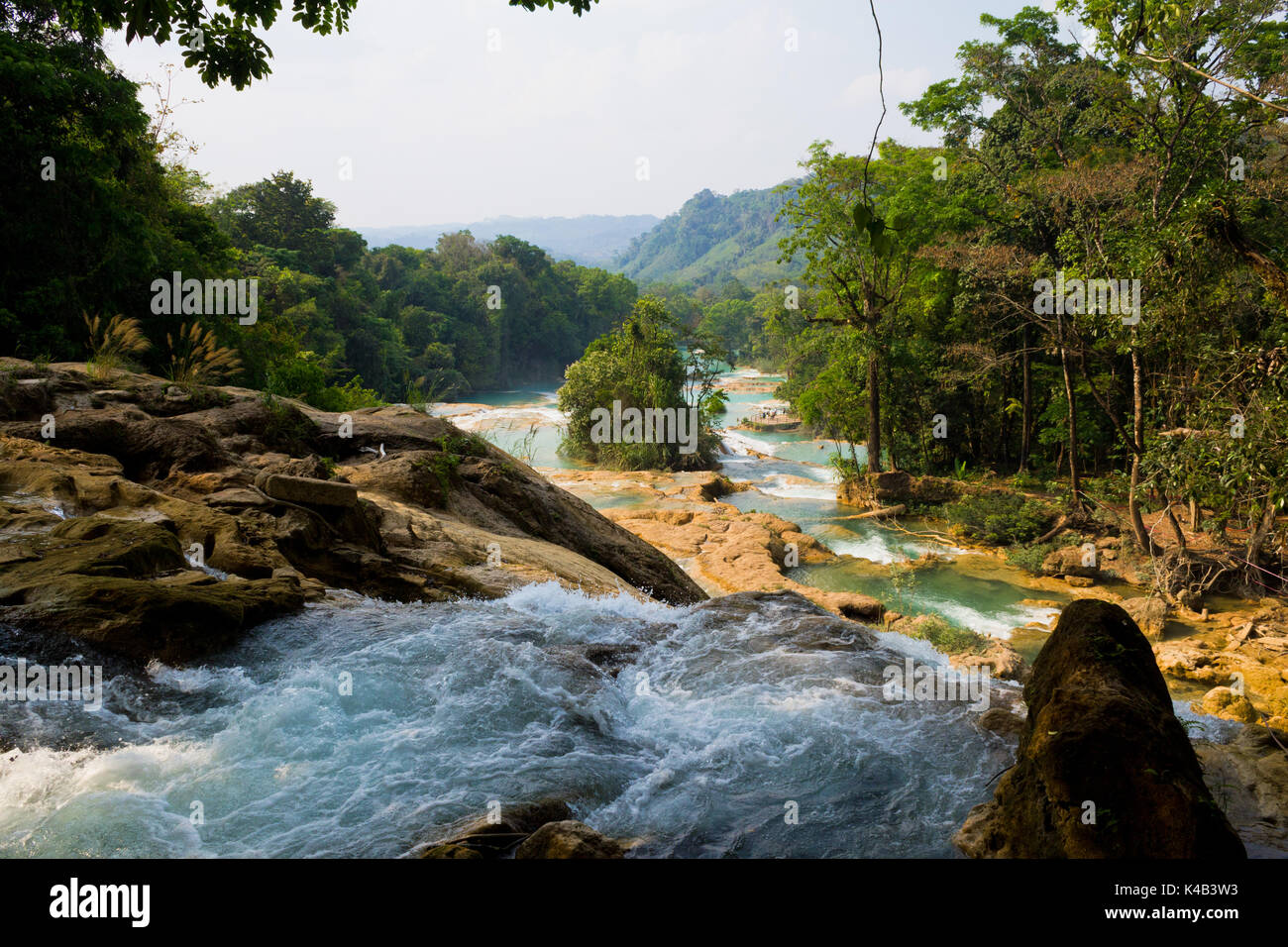 View looking down and along the Aqua Azul waterfalls in Mexico Stock