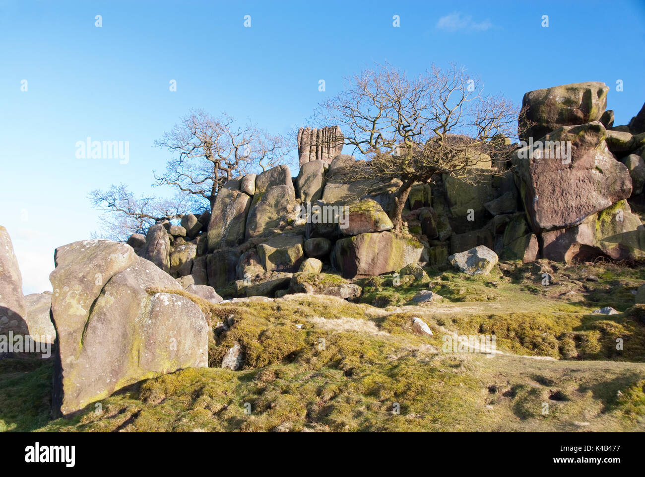 Derbyshire UK-8 March 2015: Robin Hood's Stride a tor of gritstone rocks on the Limestone Way on 8 March near Elton Stock Photo