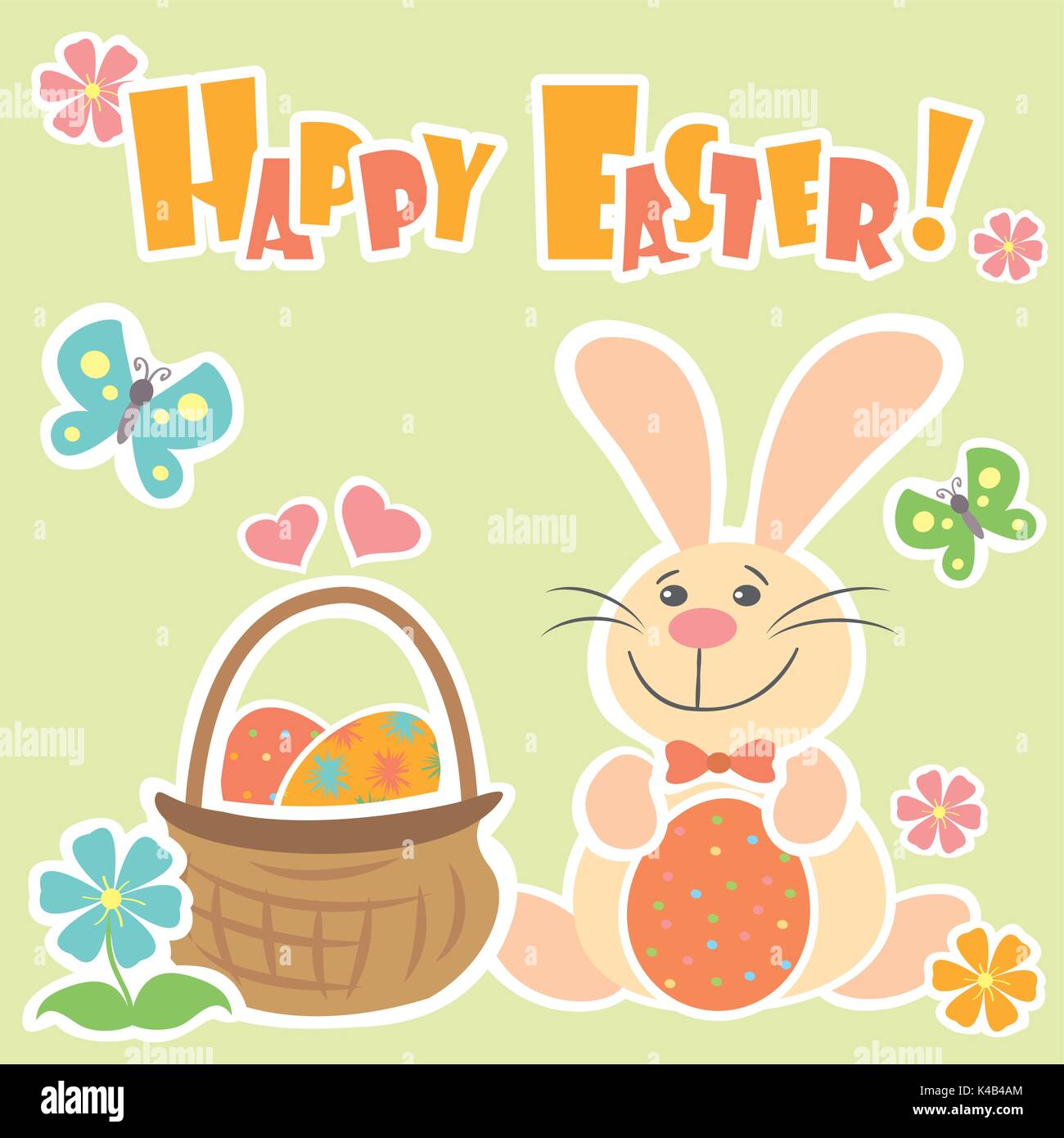 Easter Background with cute rabbit, colorful eggs and a chick, vector illustration Stock Vector