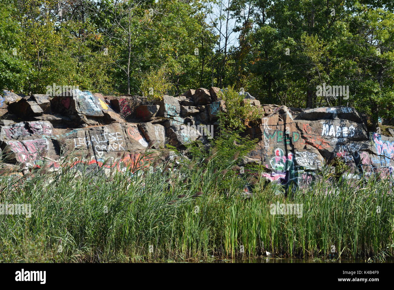 Graffiti covering the abandon historic Quincy Quarries in Boston's