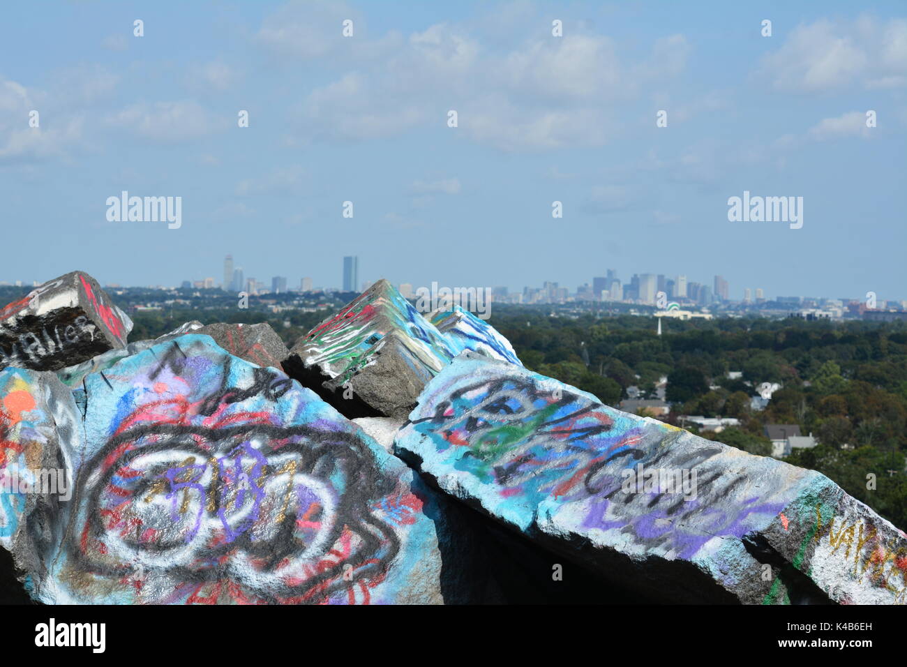 Graffiti covering the abandon historic Quincy Quarries in Boston's