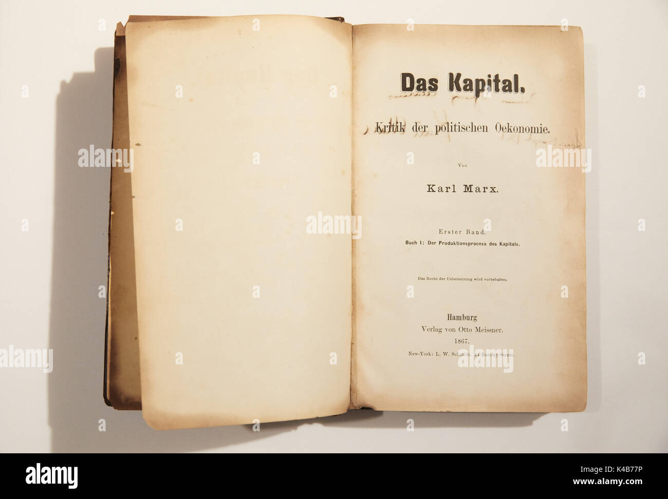 Hamburg, Germany. 5th Sep, 2017. An original first edition of 'Das Kapital' of Karl Marx can be seen in the Museum of Work in Hamburg, Germany, 5 September 2017. The special exhibition is held for the 150th jubilee of the publishing of the first band of Marx's 'Capital'. The exhibition can be seen between the 6th of September 2017 and the 4th of March 2018. Photo: Georg Wendt/dpa/Alamy Live News Stock Photo