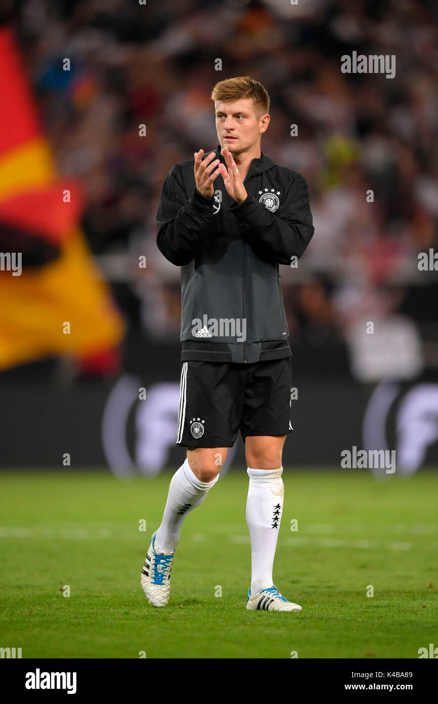 UK AND IRELAND RIGHTS ONLY  Toni Kroos of Germany celebrates after the FIFA World Cup 2018 Qualifying Group C match between Germany and Norway at Mercedes-Benz-Arena on September 4th 2017 in Stuttgart, Germany. (Photo by M.I.S/Pixathlon/phcimages.com) Stock Photo