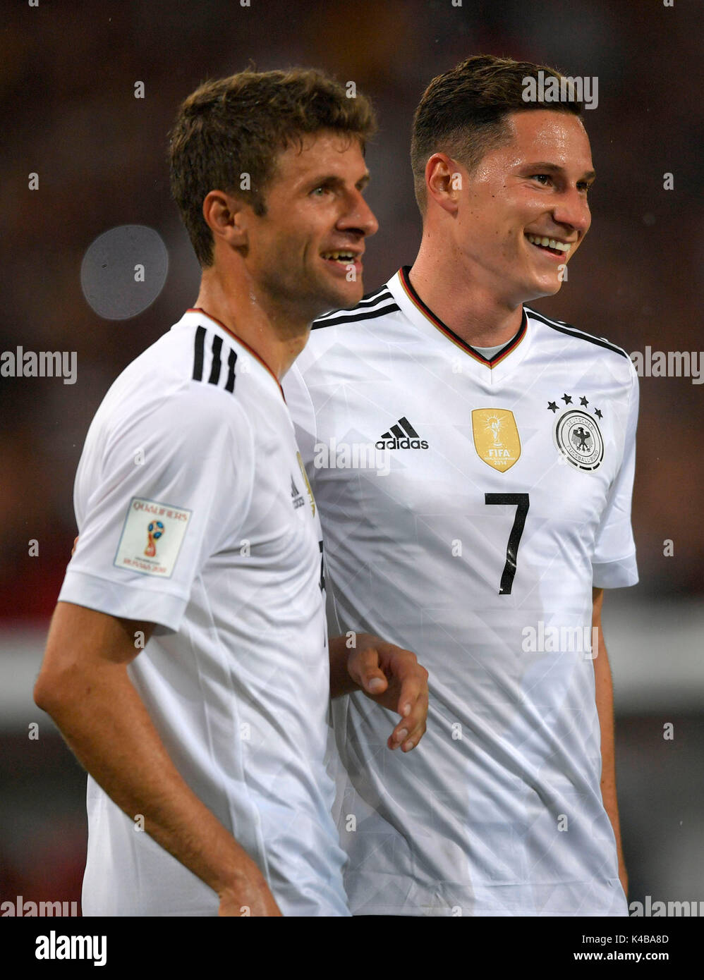 UK AND IRELAND RIGHTS ONLY  Thomas Muller of Germany and Julian Draxler of Germany celebrate during the FIFA World Cup 2018 Qualifying Group C match between Germany and Norway at Mercedes-Benz-Arena on September 4th 2017 in Stuttgart, Germany. (Photo by M.I.S/Pixathlon/phcimages.com) Stock Photo