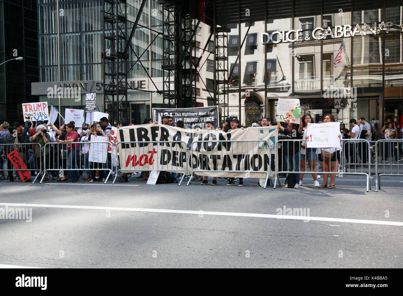 New York, Us. 05th Sep, 2017. Hundreds of immigrants who came to the USA illegally as children gathered outside Trump Tower on 5th September, 2017, to protest US President Donald Trump's decision to rescind the Deferred Action for Childhood Arrivals (DACA), a program designed to protect immigrants created by President Barack Obama in 2012. There were several arrests when demonstrators linked hands and formed a human chain that blocked traffic along 56th Street and Fifth Avenue in front of Trump Towers. Credit: G. Ronald Lopez /DigiPixsAgain.us/Alamy Live News Stock Photo