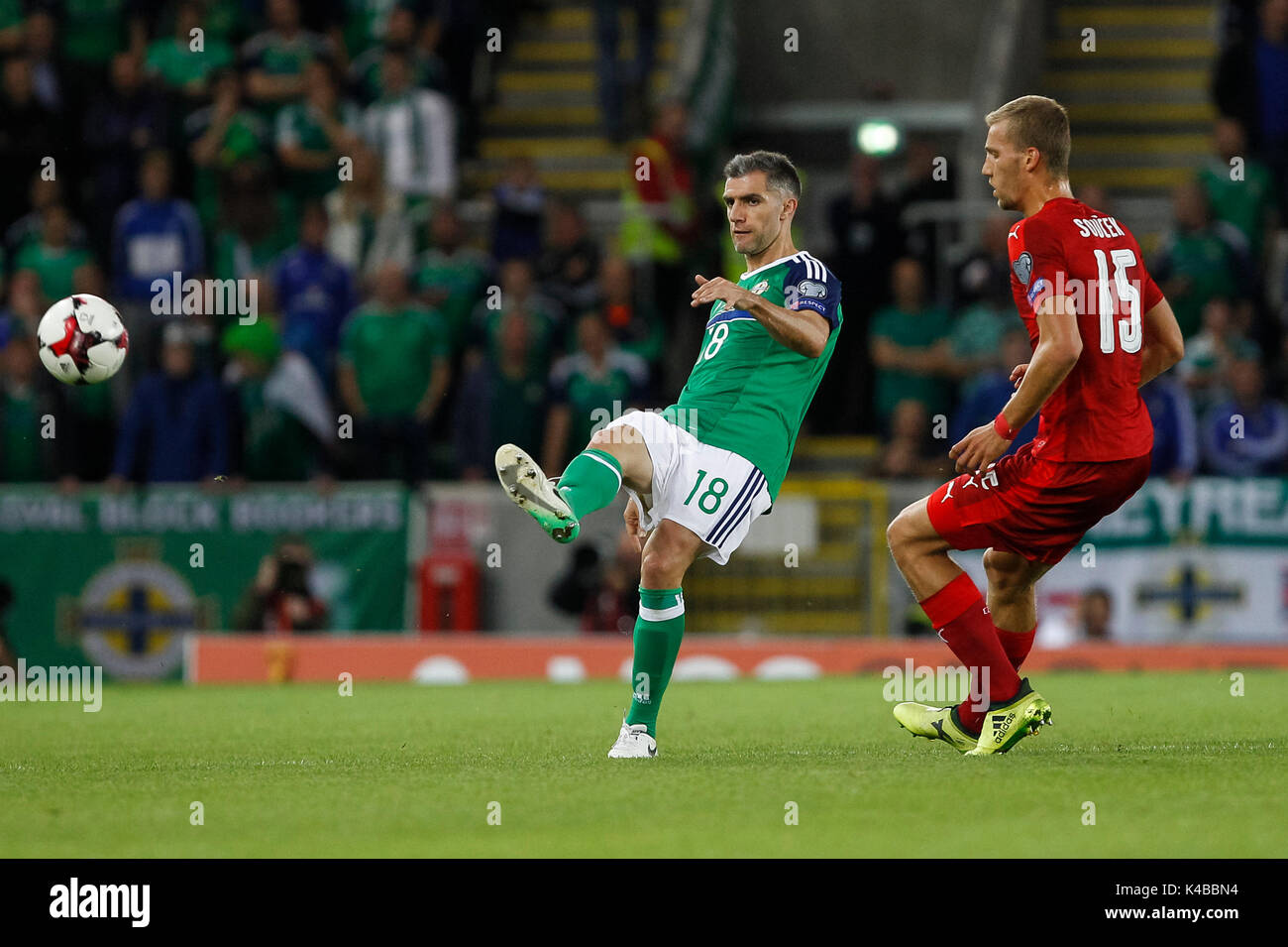 Aaron Hughes of Northern Ireland and Tomas Soucek of Czech Republic during the FIFA World Cup 2018 Qualifying Group C match between Northern Ireland and Czech Republic at Windsor Park on September 4th 2017 in Belfast, Northern Ireland. (Photo by Daniel Chesterton/phcimages.com) Stock Photo