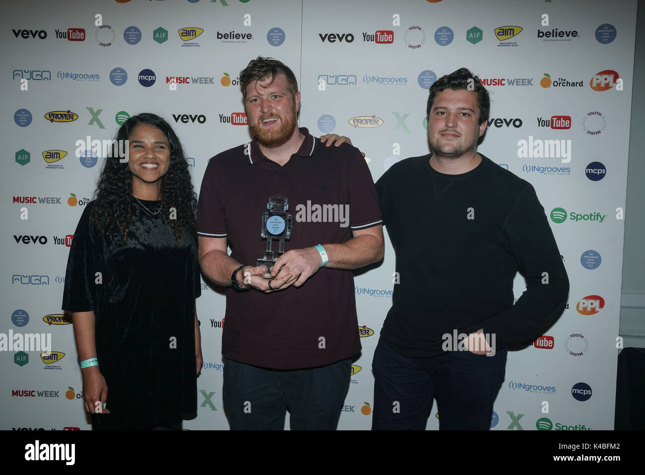 The Brewery, London, England, UK. 5th Sep, 2017. The 2017 AIM Awards took place last night, Tuesday, 5 September, at East London's The Brewery. Organised by the Association of Independent Music to highlight the UK's vibrant independent sector, this year's event was hosted by MistaJam and Clara Amfo and saw performances by British rapper Dave and breakout indie-rockers Public Service Broadcasting, plus a list of winners that included big names, future stars and heroes of the independent music community. Credit: See Li/Alamy Live News Stock Photo