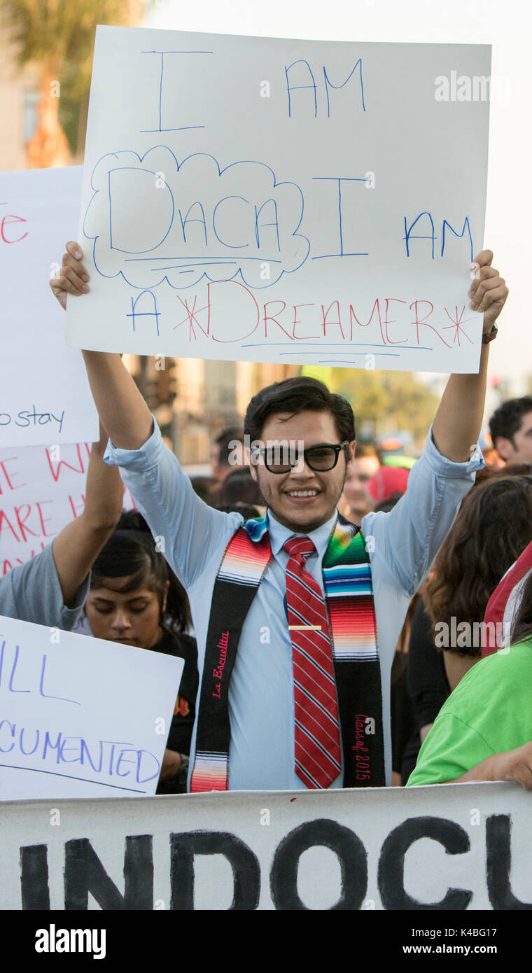 Santa Ana, California, USA. 5th Sep, 2017. Hundreds took to the street of downtown Santa Ana to protest the removal of DACA on Tuesday September 05, 2017 Credit: Kevin Warn/ZUMA Wire/Alamy Live News Stock Photo