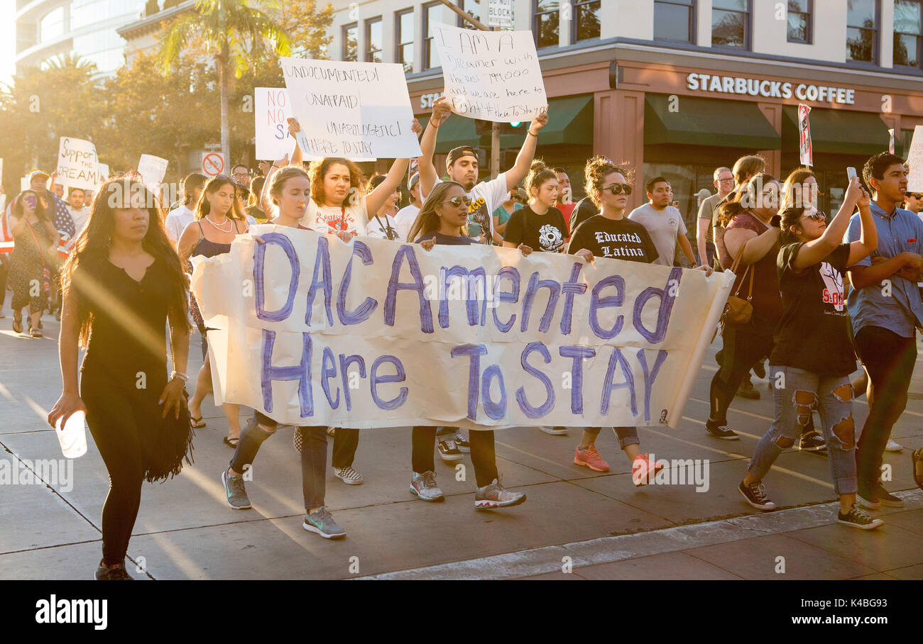 Santa Ana, California, USA. 5th Sep, 2017. Hundreds took to the street of downtown Santa Ana to protest the removal of DACA on Tuesday. Credit: Kevin Warn/ZUMA Wire/Alamy Live News Stock Photo