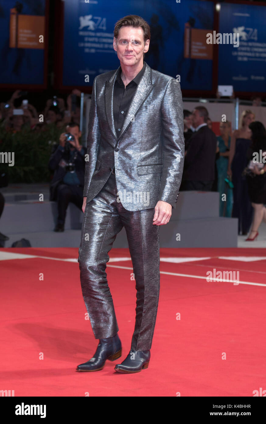 Venice, Italy. 05th Sep, 2017. Actor Jim Carrey attends the premiere of the movie 'Jim & Andy: The Great Beyond - The Story of Jim Carrey & Andy Kaufman Featuring a Very Special, Contractually Obligated Mention of Tony Clifton' during the 74th Venice Film Festival at Palazzo del Cinema in Venice, Italy, on 05 September 2017. - NO WIRE SERVICE - Photo: Hubert Boesl/dpa/Alamy Live News Stock Photo