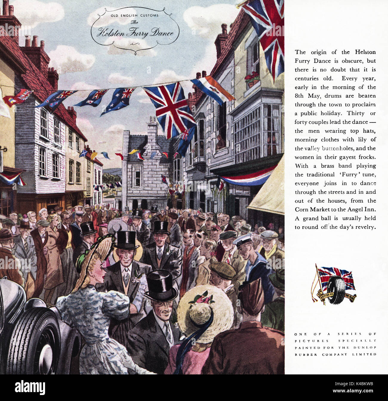 1940s old vintage original advert advertising Dunlop Rubber Company featuring Helston Furry Dance in magazine circa 1947 when supplies were still restricted under post-war rationing Stock Photo