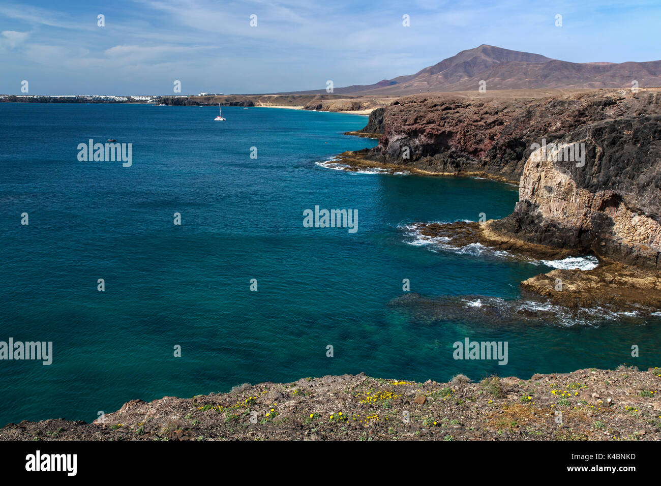 Rocky Coast And Sandy Beaches At Punta Del Papagayo Near Playa Blanca, Lanzarote, Canary Islands, Spain, Europe Stock Photo