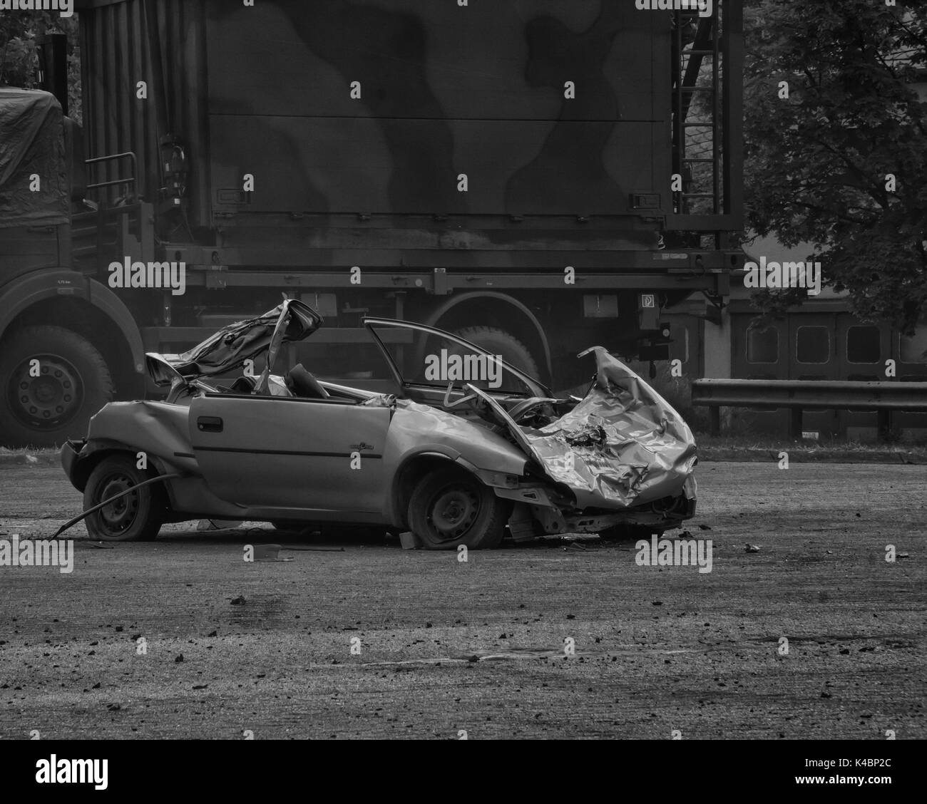 Scrap Yard In Black And White Stock Photo