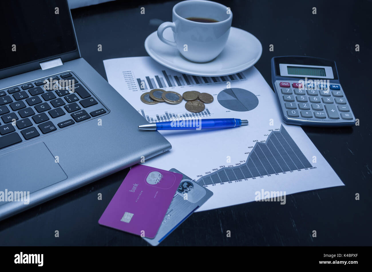 Pen, graphs, calculator, pen, credit card and euro money, finance