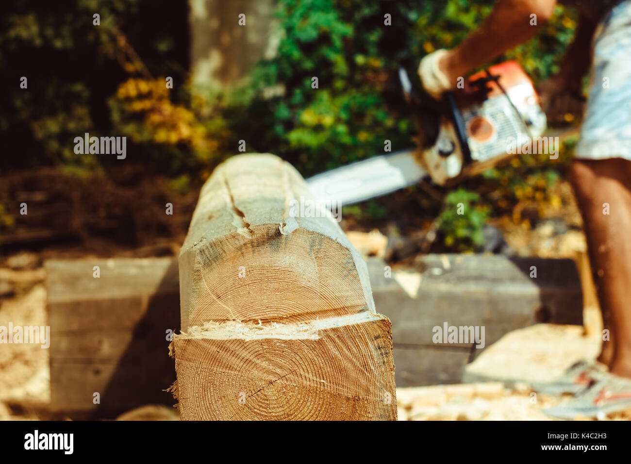 Man with a chainsaw cutting a tree for construction Stock Photo - Alamy