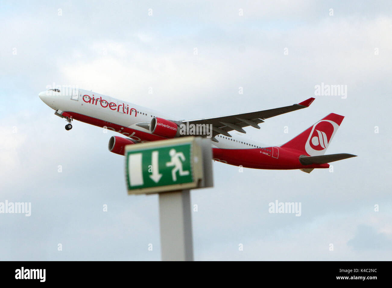Crisis At Airberlin Airbus A330 With Emergency Exit Sign At Airport Duesseldorf Stock Photo