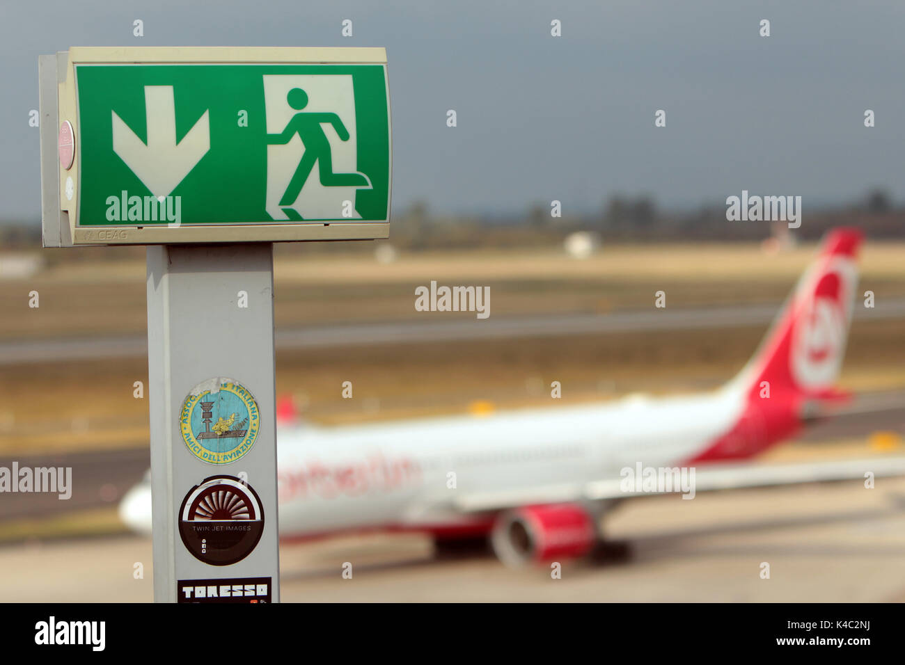 Crisis At Airberlin Airbus A320 With Emergency Exit Sign At Airport Duesseldorf Stock Photo