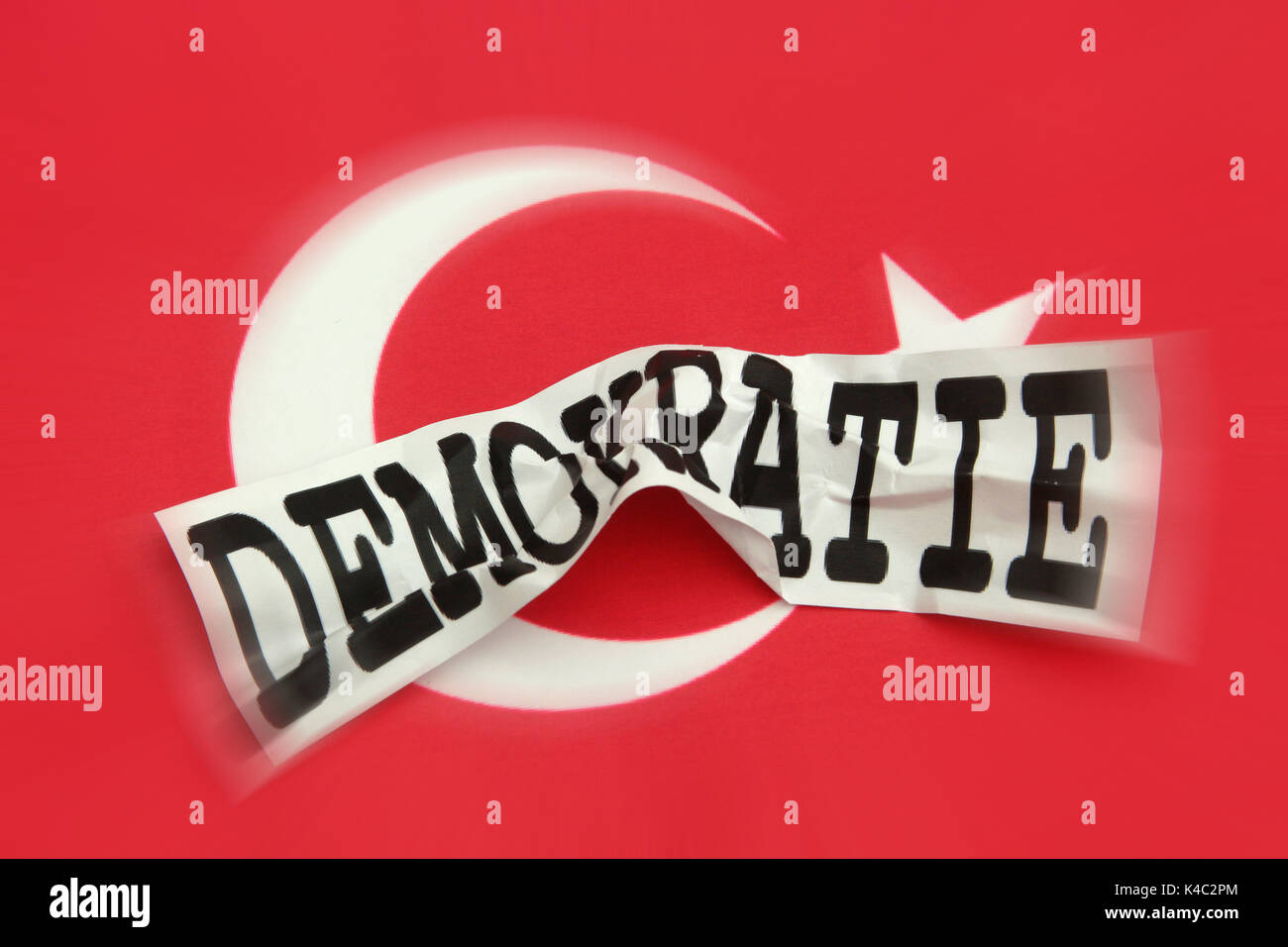 Destroyed Word Democracy With Flag Of Turkey Stock Photo